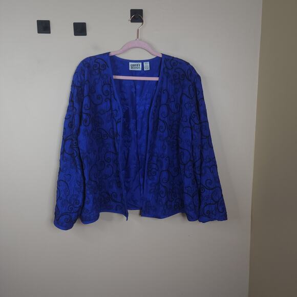 Vintage Chico's Design Embroidered Silk Open Front Jacket in Blue Size 2/L - Picture 1 of 8